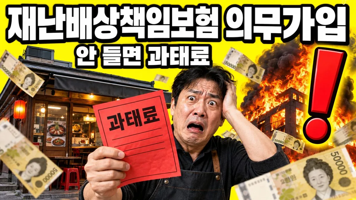 재난배상책임보험 의무가입 대상 시설과 미가입 과태료를 표현한 이미지 - 과태료 고지서를 든 놀란 표정의 40대 한국인 자영업자