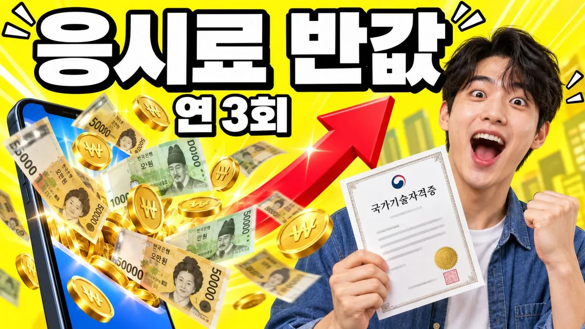 국가기술자격 응시료 50% 감면을 표현한 썸네일 - 놀란 표정의 청년과 스마트폰에서 쏟아지는 지폐, '응시료 반값' 문구