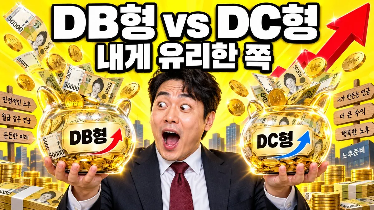 퇴직연금 DB형과 DC형 중 유리한 쪽을 비교하는 한국인 남성과 돈 일러스트
