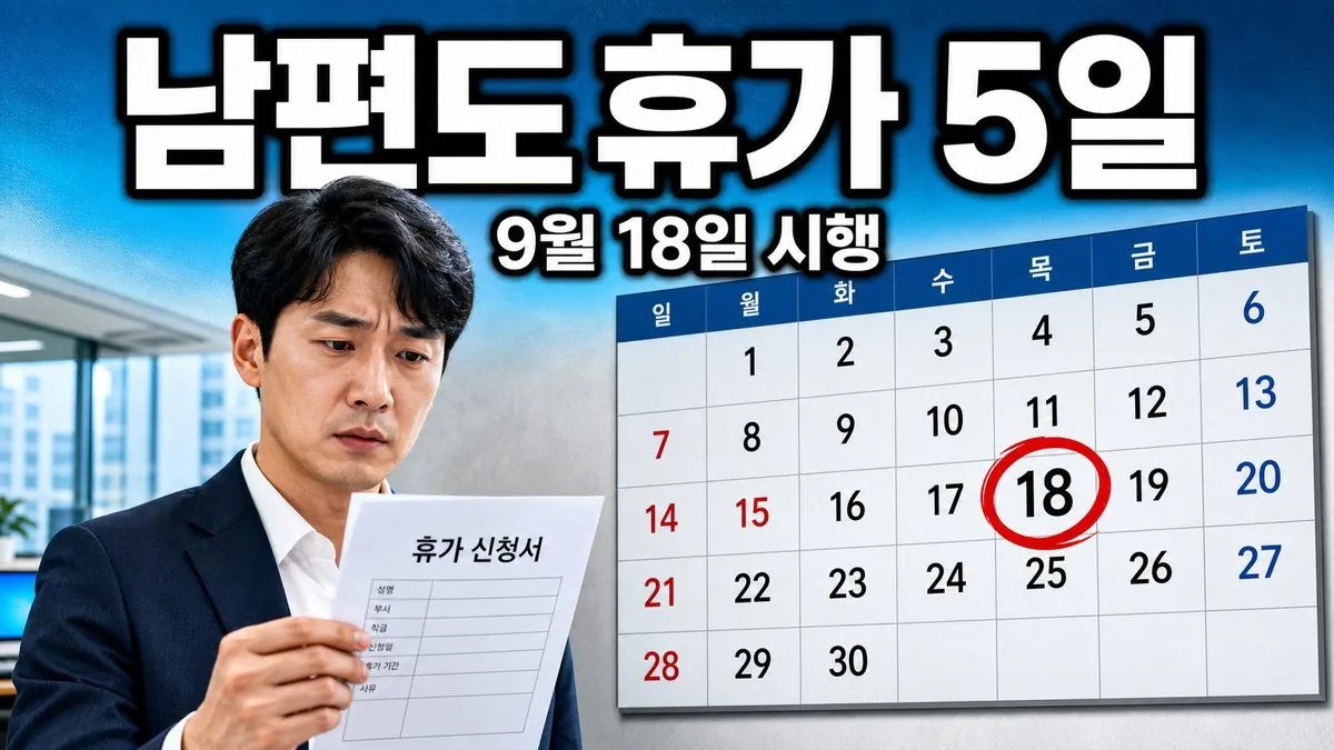 9월 18일에 빨간 동그라미가 쳐진 달력 옆에서 휴가신청서를 든 30대 한국인 남성 - 배우자 유산·사산휴가 시행 안내