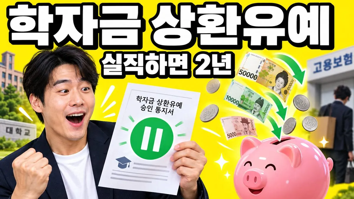 실직 후 학자금 상환유예 통지를 받고 안도하는 30대 한국인 남성과 '학자금 상환유예 실직하면 2년' 문구 썸네일