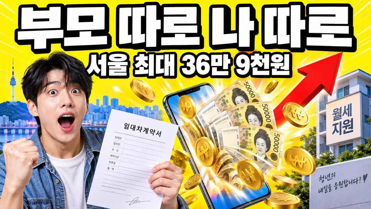 청년 주거급여 분리지급 안내 이미지 - 부모와 따로 사는 청년이 임대차계약서를 들고 놀라는 모습과 서울 최대 36만 9천원 문구