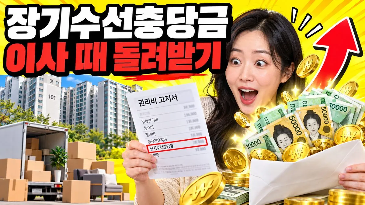 이사 나가는 세입자가 관리비 고지서를 들고 장기수선충당금을 돌려받는 모습을 표현한 일러스트