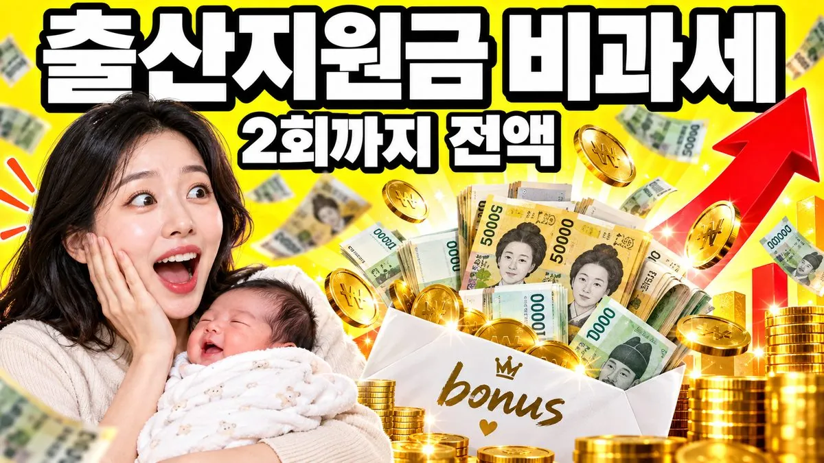 회사 출산지원금 비과세를 나타낸 썸네일 — 아기를 안은 한국인 여성과 봉투에서 쏟아지는 지폐