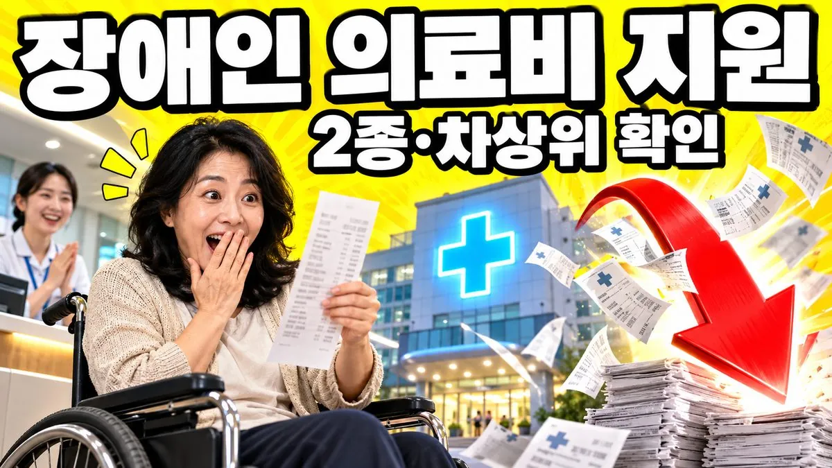 휠체어를 탄 한국인 여성이 병원 접수창구에서 진료비 영수증을 들고 있고 상단에 '장애인 의료비 지원' 문구가 적힌 썸네일
