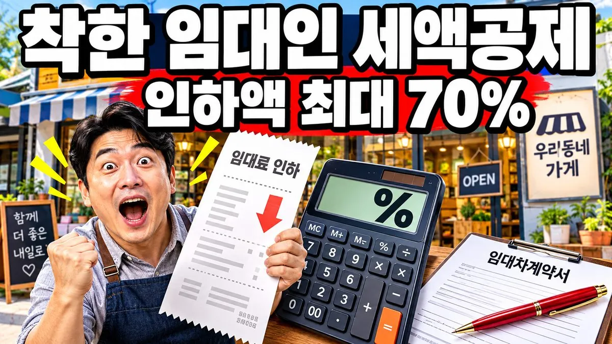 상가 앞에서 영수증과 계산기를 든 임대인과 착한 임대인 세액공제 인하액 최대 70% 문구