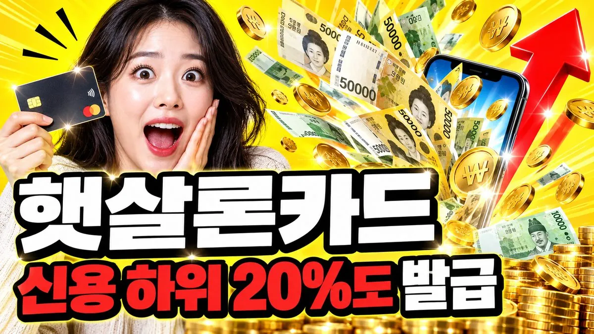 햇살론카드를 들고 놀란 표정을 짓는 한국인 여성과 신용 하위 20%도 발급 문구가 들어간 썸네일