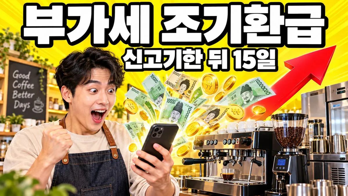 새 커피머신 옆에서 스마트폰에서 쏟아지는 지폐를 보고 놀란 카페 사장과 '부가세 조기환급' 문구