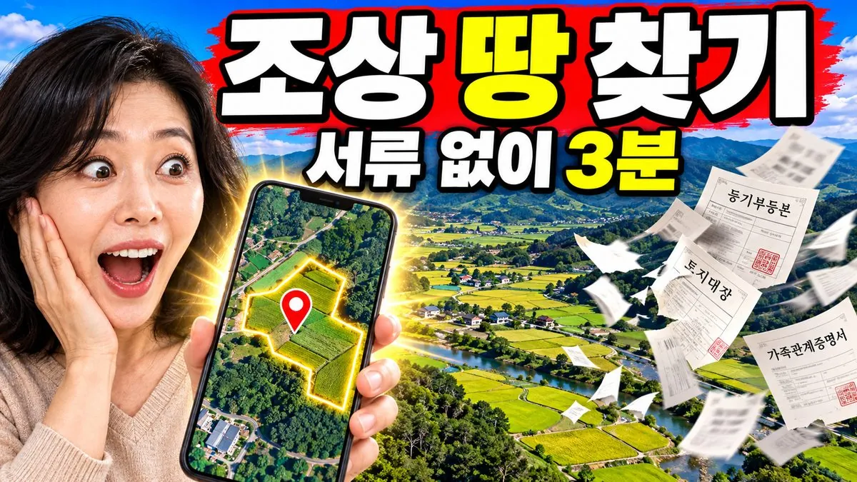 스마트폰으로 돌아가신 부모님 명의 토지를 조회하는 조상 땅 찾기 온라인 신청 안내 이미지