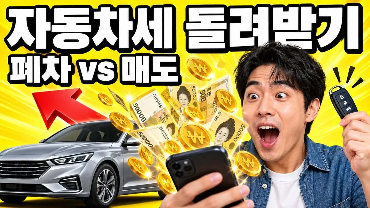 자동차 열쇠를 든 남성과 스마트폰에서 쏟아지는 지폐, 자동차세 돌려받기 문구가 들어간 썸네일