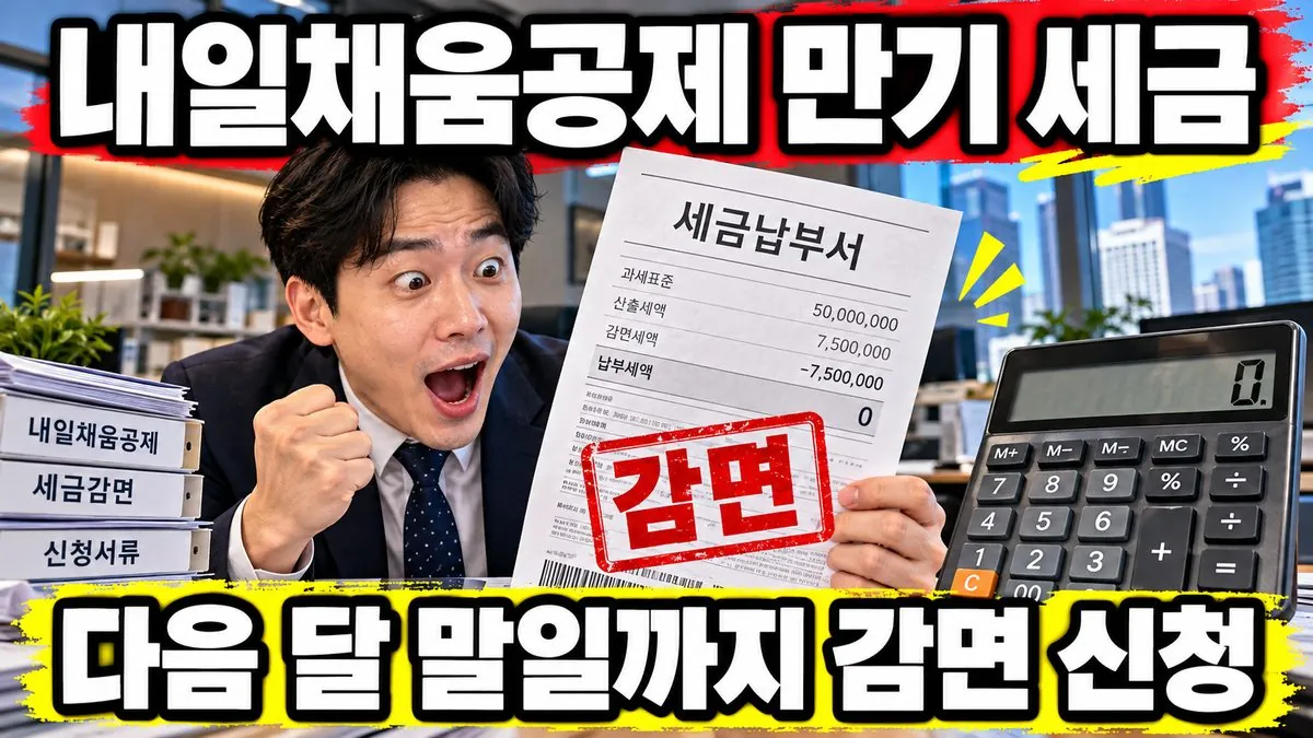 내일채움공제 만기공제금 근로소득세 감면 신청을 안내하는 영수증과 계산기를 든 직장인 썸네일