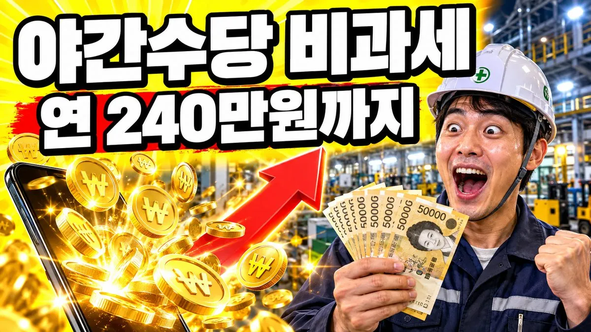 공장 야간 근무복을 입은 한국인 근로자가 놀란 표정으로 지폐를 들고 있고 '야간수당 비과세 연 240만원까지' 문구가 적힌 썸네일