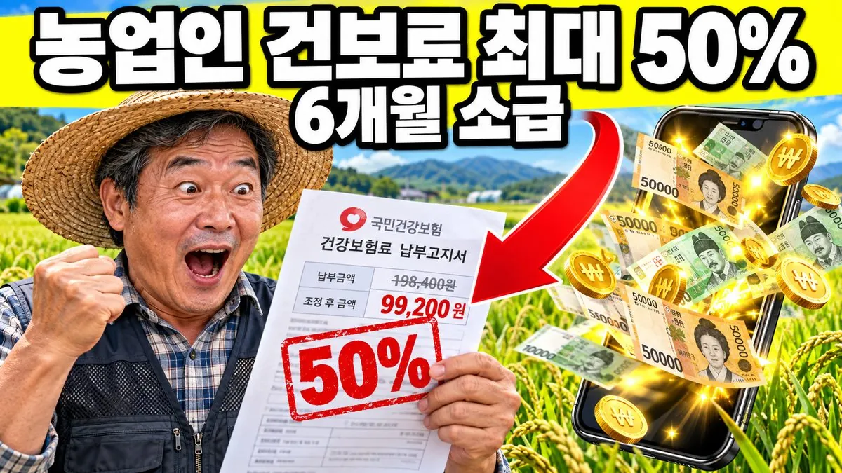 농업인 건강보험료 지원으로 고지서 보험료가 최대 절반까지 줄어드는 것을 표현한 썸네일