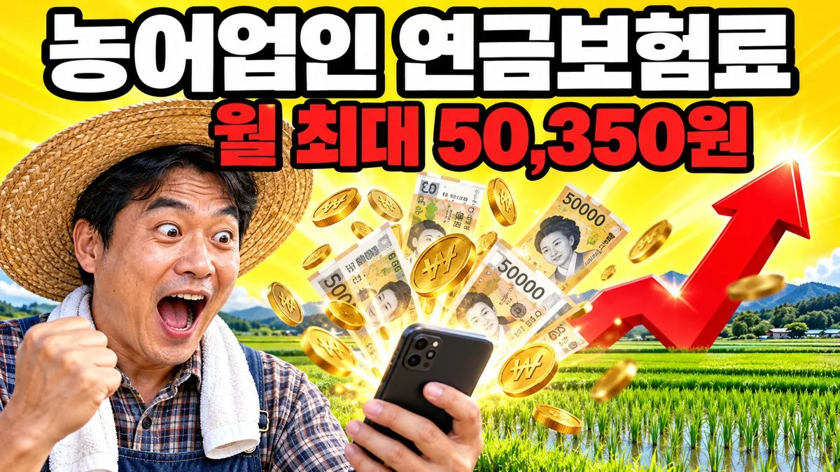 밀짚모자를 쓴 한국인 농업인이 스마트폰에서 쏟아지는 지폐를 보며 놀라는 모습과 '농어업인 연금보험료 월 최대 50,350원' 문구
