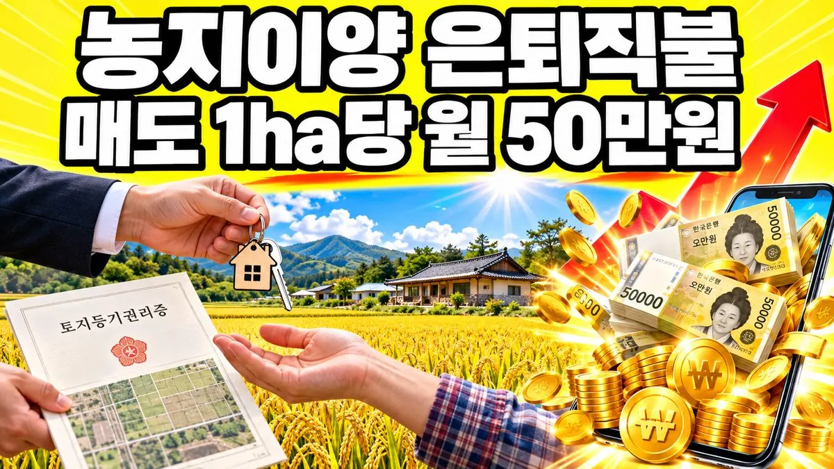 황금빛 논 위로 농지 문서와 열쇠를 건네는 장면과 지폐가 쏟아지는 스마트폰, 농지이양 은퇴직불 매도 1ha당 월 50만원 문구