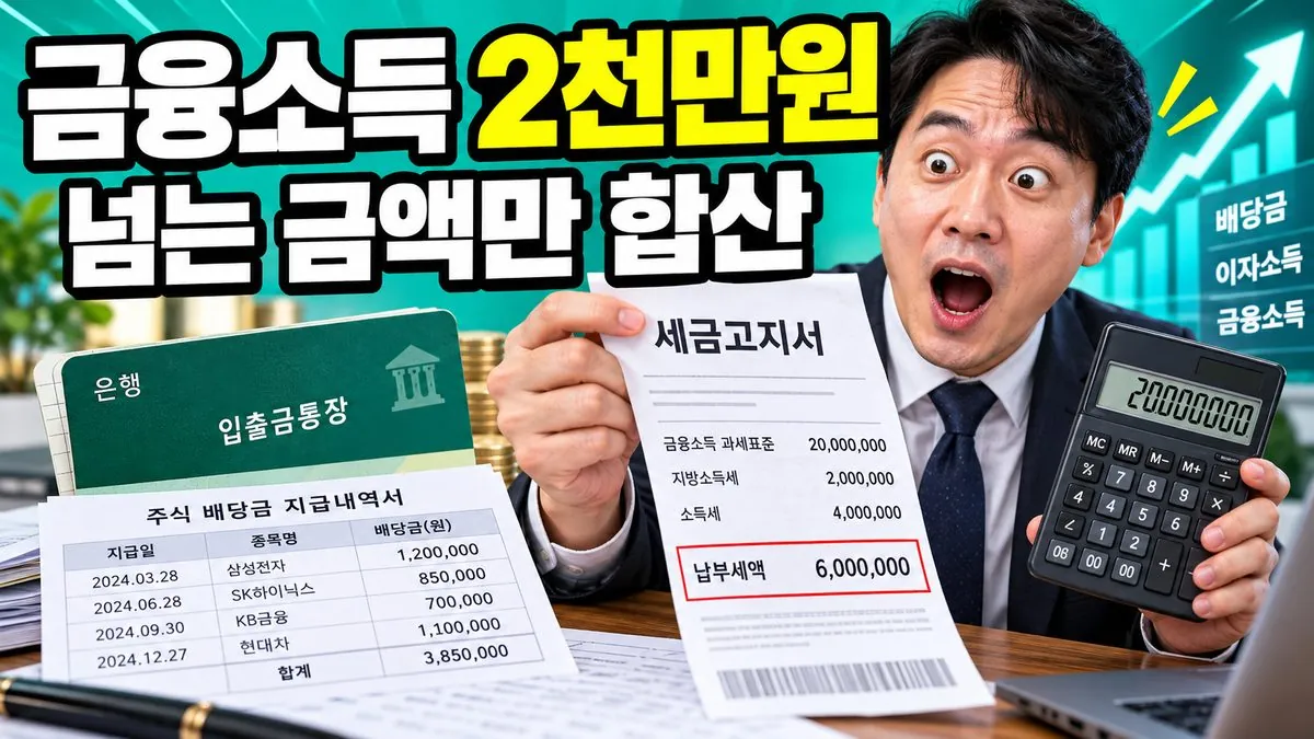 금융소득 2천만원 기준을 넘는 금액만 합산된다는 문구와 세금 영수증·계산기를 든 한국인 남성 썸네일