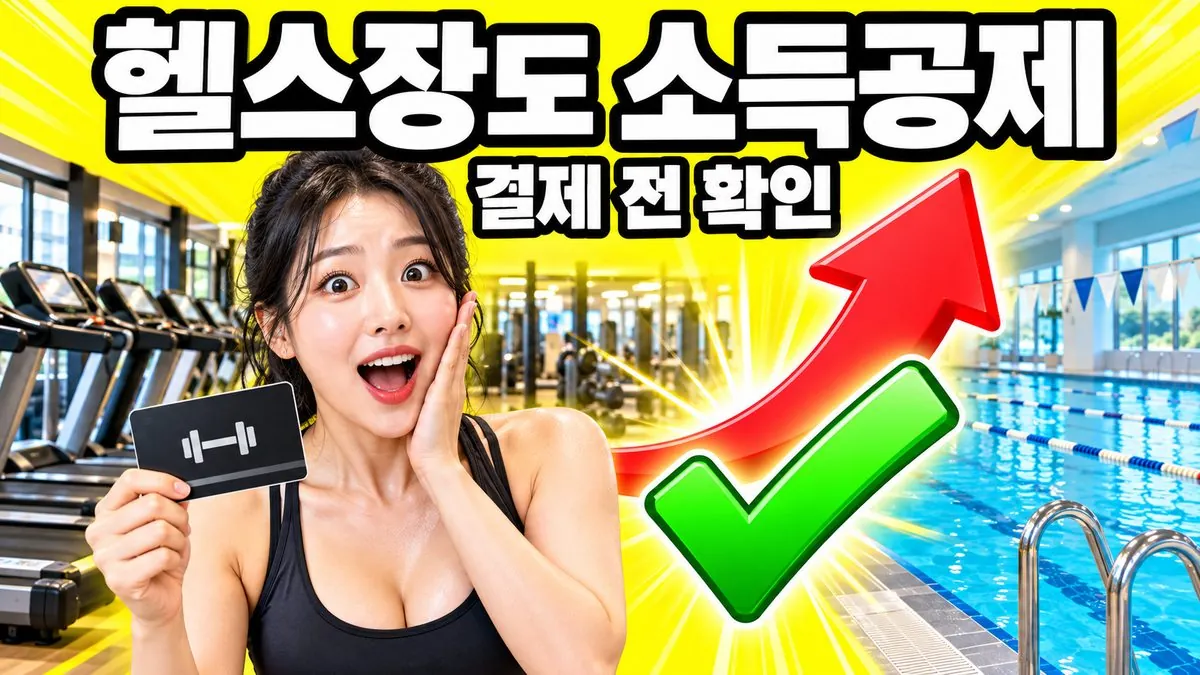 헬스장·수영장 이용료 소득공제를 안내하는 썸네일 — 회원카드를 든 여성과 러닝머신·수영장, '헬스장도 소득공제' 문구
