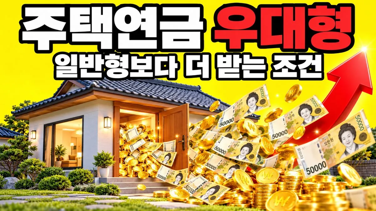 주택연금 우대형 썸네일 — 작은 단독주택 현관에서 지폐와 금화가 쏟아지고 빨간 상승 화살표가 있는 노란 배경 이미지