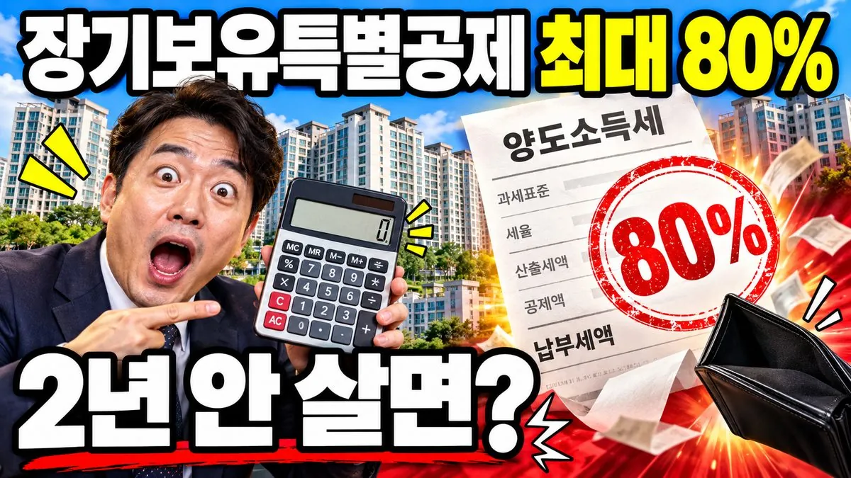 장기보유특별공제 최대 80%와 2년 거주 요건을 계산기와 양도세 영수증으로 표현한 썸네일