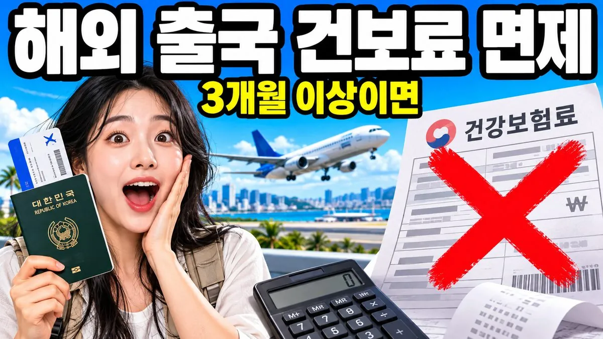 여권과 비행기표를 든 한국인 여성 뒤로 X 표시된 건강보험료 고지서와 '해외 출국 건보료 면제 3개월 이상이면' 문구가 있는 썸네일