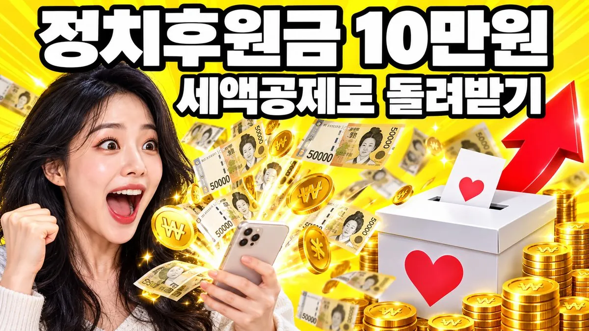 정치후원금 10만원 세액공제를 설명하는 썸네일 — 스마트폰에서 지폐와 동전이 쏟아지는 모습