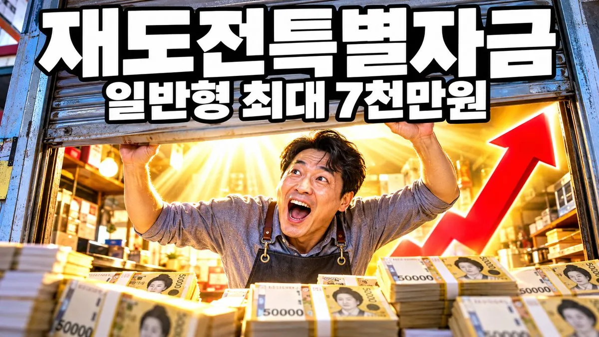 폐업 후 다시 가게 셔터를 올리는 한국인 소상공인과 재도전특별자금 일반형 최대 7천만원 문구가 들어간 썸네일
