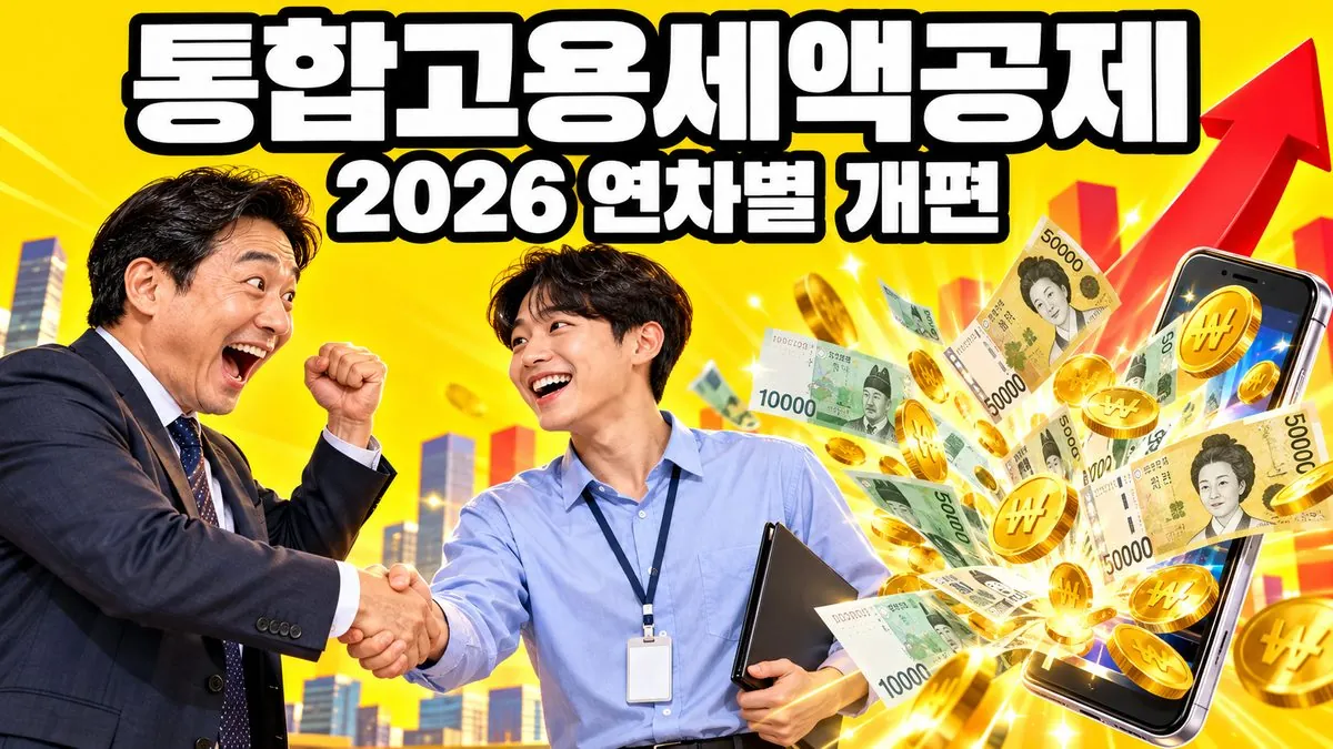 통합고용세액공제 2026년 연차별 개편을 표현한 청년 채용 사업주와 지폐·동전 일러스트