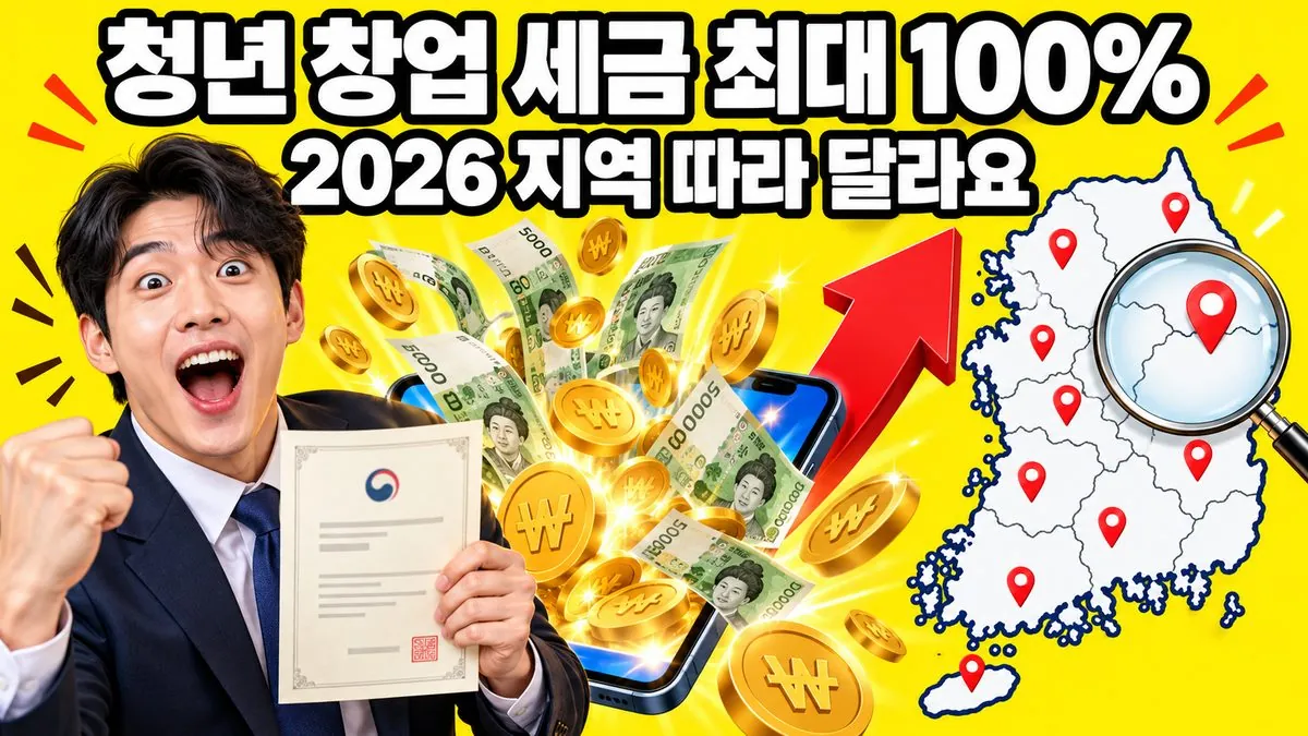 창업중소기업 세액감면 2026년 창업분이 지역에 따라 달라진다는 것을 표현한 썸네일 — 사업자등록증을 든 청년 창업자와 지도