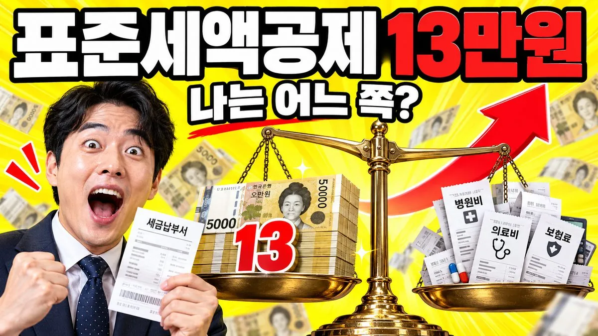 표준세액공제 13만원과 특별공제 영수증을 저울에 올려 비교하는 연말정산 썸네일