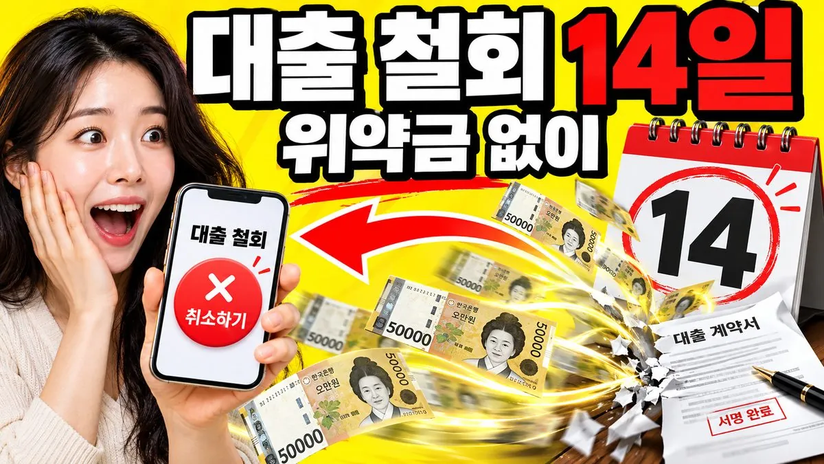 대출 계약서와 스마트폰의 대출 철회 버튼을 든 30대 한국 여성, 14일 달력과 '대출 철회 14일 · 위약금 없이' 문구