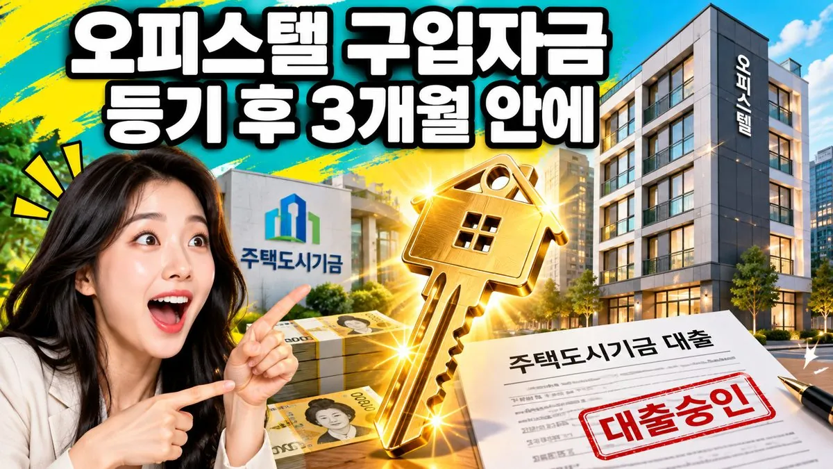 오피스텔 건물과 큰 열쇠 앞에서 놀란 표정의 한국인 여성, 오피스텔 구입자금 등기 후 3개월 안에 문구