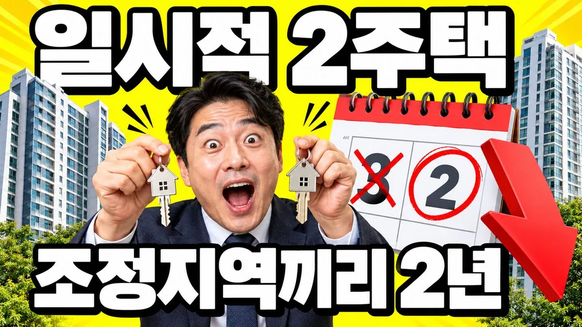 조정대상지역끼리 갈아타면 일시적 2주택 처분기한이 2년이라는 문구와 두 채의 아파트, 열쇠를 든 남성 일러스트