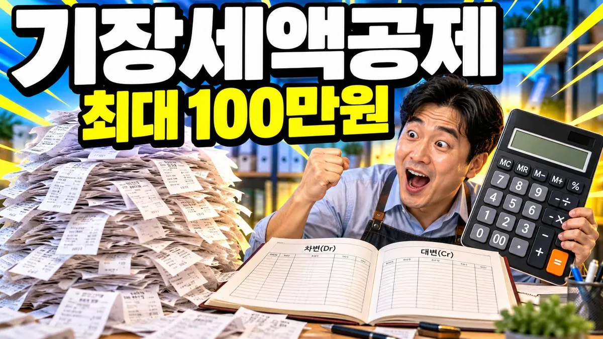 복식부기 장부와 영수증, 계산기를 든 자영업자와 기장세액공제 최대 100만원 문구