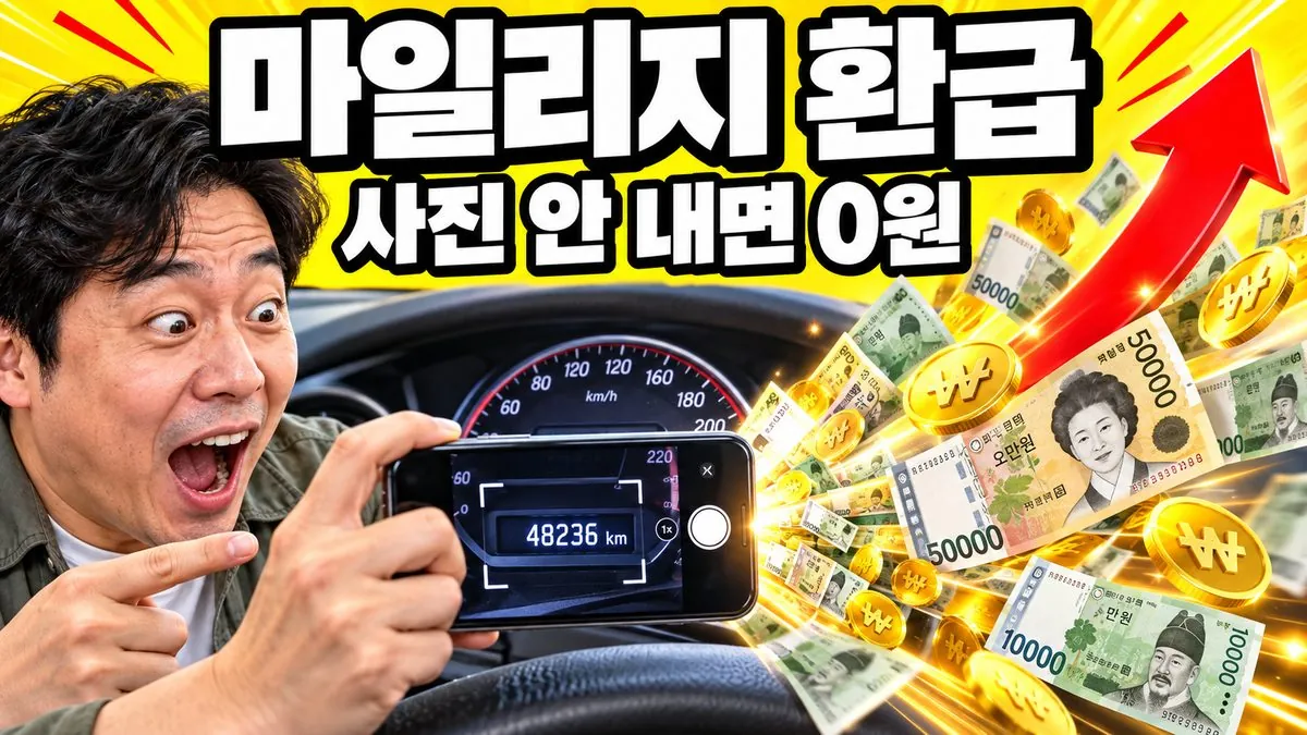자동차 계기판 주행거리를 스마트폰으로 촬영하며 놀라는 한국인 남성과 쏟아지는 지폐, 마일리지 환급 안내 썸네일