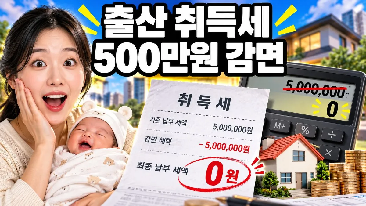 아기를 안은 한국인 엄마 옆에 큰 취득세 영수증과 계산기, 집 모형이 놓인 출산·양육 주택 취득세 감면 안내 이미지