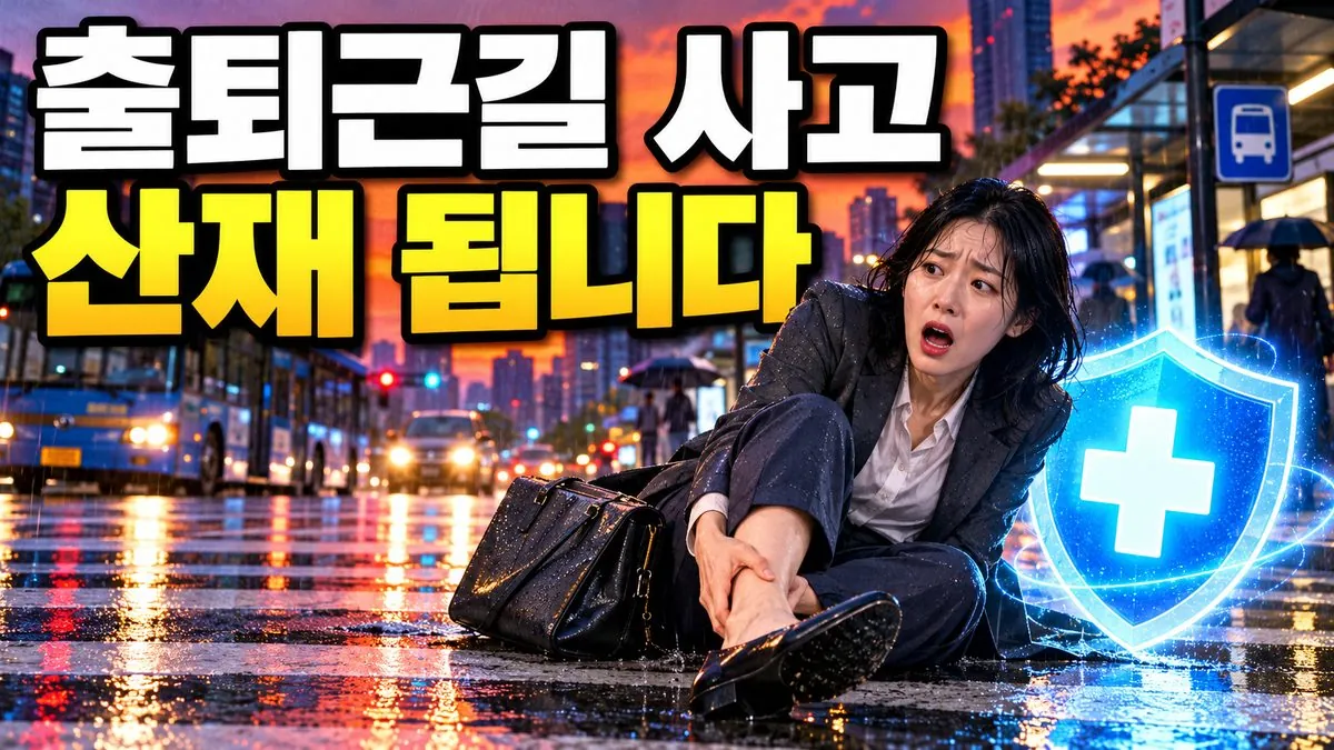 출퇴근길 횡단보도에서 넘어져 발목을 붙잡은 직장인과 산재보험 보호 방패 일러스트