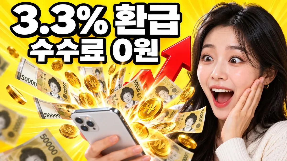3.3% 환급 수수료 0원 문구와 함께 스마트폰에서 지폐와 금화가 쏟아지는 모습에 놀란 한국인 여성 썸네일