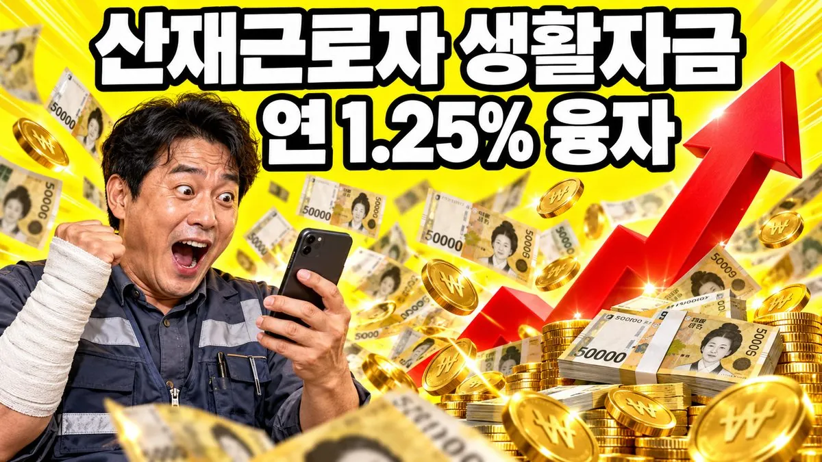 산재근로자 생활안정자금 융자 연 1.25%를 알리는 썸네일, 팔에 붕대를 감은 한국인 근로자와 지폐가 쏟아지는 스마트폰