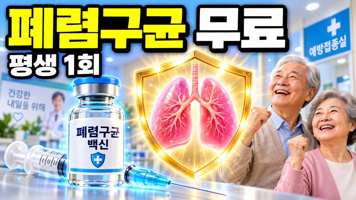 폐렴구균 예방접종 주사기와 백신병, 방패로 보호받는 폐 그림 위에 '폐렴구균 무료 평생 1회' 문구가 적힌 썸네일