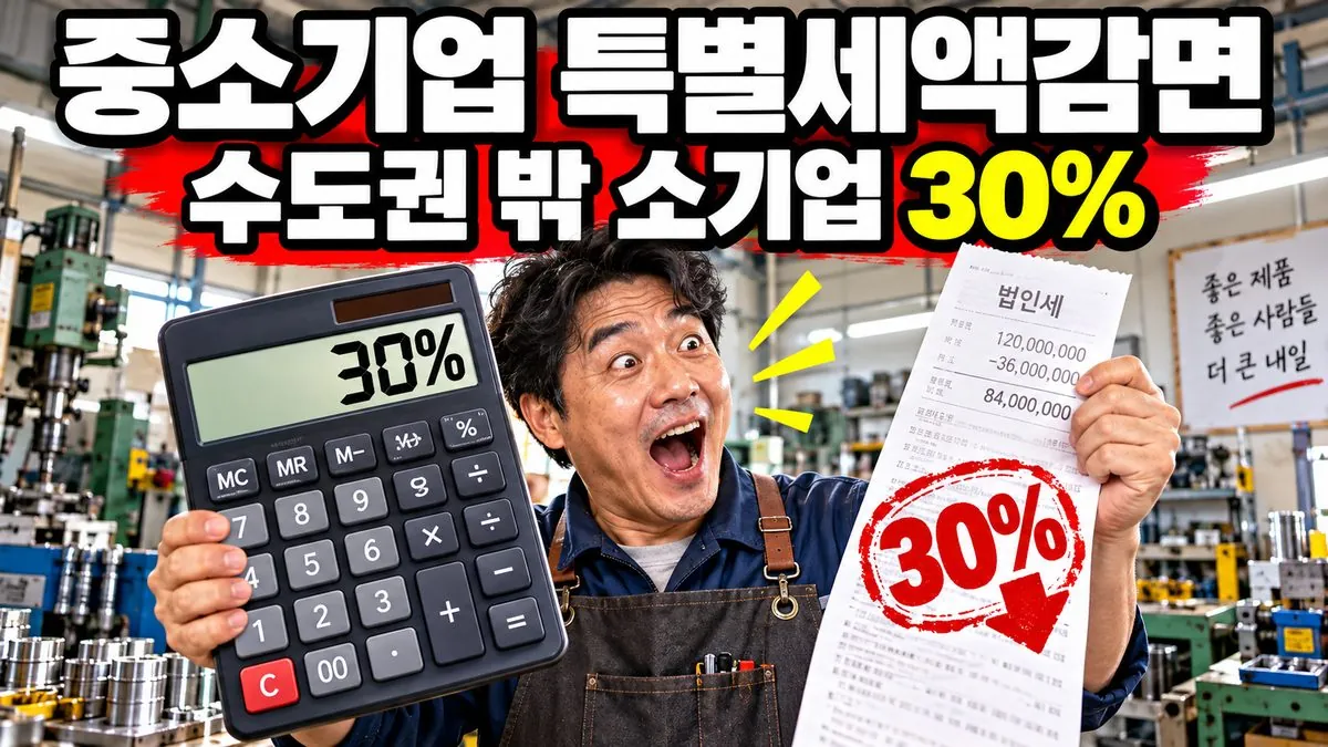 계산기와 세금 영수증을 든 소기업 사장과 중소기업 특별세액감면 수도권 밖 소기업 30% 문구