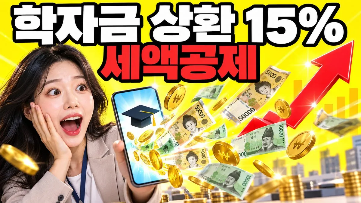학자금대출 상환액 세액공제 15%를 알리는 썸네일 — 스마트폰에서 지폐가 쏟아지는 모습에 놀란 30대 직장인 여성